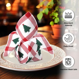 Urban Villa Christmas Dinner Napkins Christmas Tree Print Cloth Napkins Set of 12 Red/Green/White Color Dinner Napkins 20x20 Inches 100% Cotton Over Sized Cloth Napkins with Mitered Corners Napkins