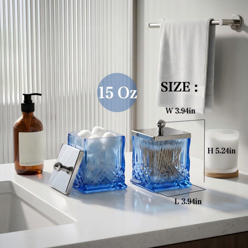 2 Pack 15Oz Blue Q-Tip Holder, Square Thick Glass
