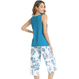 NACHILA Women's Pajamas Set-Viscose Made from Bamboo, Soft Tank Top Sleepwear with Capri Pants Sleeveless Pjs Cool Loungewear Turquoise-White M