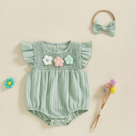 XIXIMAON Baby Girls Summer Romper Ruffled Flying Sleeve Round Neck 3D Flower Decor Smocked Jumpsuit with Bow Headband Outfit Set Newborn Clothes Girl (Green, 6-9 Months)