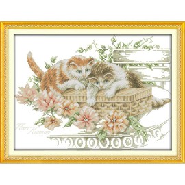 JOYSEWING Stamped Kits Cross Stitch Kits Beginners Embroidery 11CT Needlepoint Kits Counted Patterns Embroidery DIY Home Decoration 22×16.9inch (Flowers and Cats (Printed))
