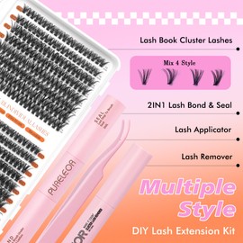 Cluster Eyelash Extension Kit 640pcs Individual Lashes Natural 10-16mm DIY Set with Lash Bond Seal and Remover Tweezers(30+40+50+60D)