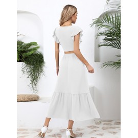 Missufe Women's 2-Piece Outfits Summer Ruffle Crop Top and Long A-Line Skirt Set Two Piece Suit, White