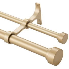 Heavy Duty Double Curtain Rods with Cylindrical Cap Finials 36 to 72” Telescoping Rod 1 Inch Diameter Front Rod and 5/8 Inch Diameter Back Rod Window Drapery Rods, Light Gold