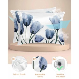 Tulip Blue Satin Pillowcase for Hair and Skin with Zipper, Spring Floral Soft Breathable Cooling Silk Pillow Cases, Countryside Elegant Botanical Throw Pillow Covers Standard Size 20''x26'' Set of 2