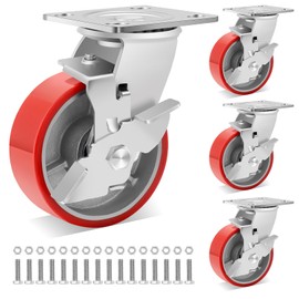 W B D WEIBIDA Heavy Duty Casters Set of 4, 5 Inch Industrial Locking Caster Wheels with 4000 LBS, No Noise Polyurethane Wheel on Steel Hub Swivel Plate Caster for Tool Cart, Workbench(4 Brake)