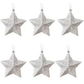 6 PCS Silver Star Baubles Christmas Tree Hanging Ornaments with String, Giltter Baubles for Christmas Tree Decoration, Silver Giltter Star 5cm