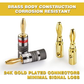WGGE WG-029 Banana Plugs Audio Jack Connector, 24k Gold Dual Screw Lock Speaker Connector for Speaker Wire, Wall Plate, Home Theater, Audio/Video Receiver, and Sound Systems ((6 Pairs (12 Plugs)))