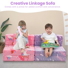 MeMoreCool Foldable Futon Chair Bed for Kids, Glow Tri-Fold Sofa Bed Convertible Toddler Sofa Mattress with Pillow, Foam Floor Couch for Sleeping and Play, Purple