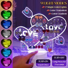 Heart-Shaped Earring Holder Organizer for Girls, 7 Colors 9 Modes LED Light Up Acrylic Earrings Stand, 115 Holes Transparent Pegboard Stud Earring Tree for Girls Women Jewelry Display Storage Gifts
