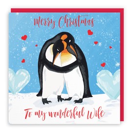 Hunts England - Romantic Wife Penguins Hugging Christmas Card - Merry Christmas - To My Wonderful Wife - Xmas Card - Cute Animals Collection