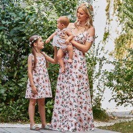PopReal Mommy and Me Dresses Floral Print Cold Shoulder Ruffle Backless Strap Romper Beach Midi Dress Summer