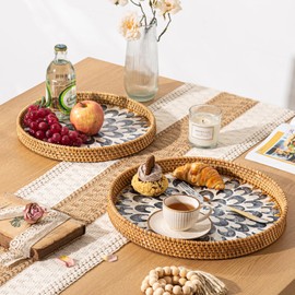 Round Rattan Tray Home Decor with Wood Bead Garland, 12'' Wicker Serving Tray with Mother of Pearl Inlay, Boho Decorative Tray for Coffee Table, Bathroom, Ottoman, Kitchen Table (Coastal Blue)