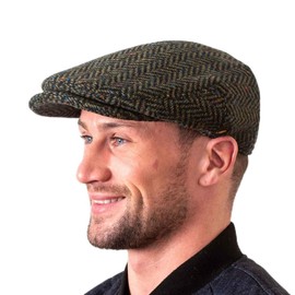 Biddy Murphy, Wool Driving Cap Extended Brim Tweed Green Herringbone Cap Made in Ireland Large