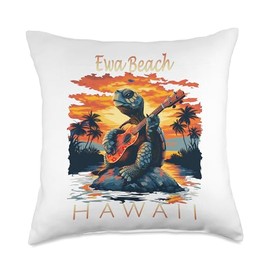 Cute Tropical Ewa Beach Hawaii Sea Turtle Ukulele Souvenir Throw Pillow