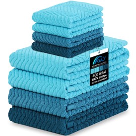 QAJ 100% Cotton Kitchen Towels and Dishcloths Set, Pack of 8 Super Absorbent 16" x 25" Kitchen Towels and 13" x 13" Dish Cloths (400 GSM)