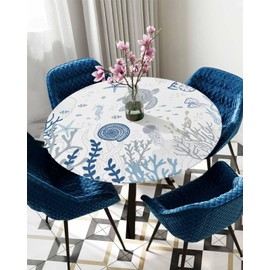 Ocean Round Tablecloth with Elastic, Summer Waterproof Tablecloths Fitted Table Cloth, Farmhouse Sea Turtle Coral Shell Table Cover - Table Covers for Kitchen, Party, Camping, Outdoor 55"-60"