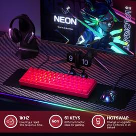 GK61 Teclado mecánico para juegos – 61 teclas multicolor RGB iluminado LED retroiluminado programable para PC/Mac Gamer (Gateron óptico rojo, rojo)