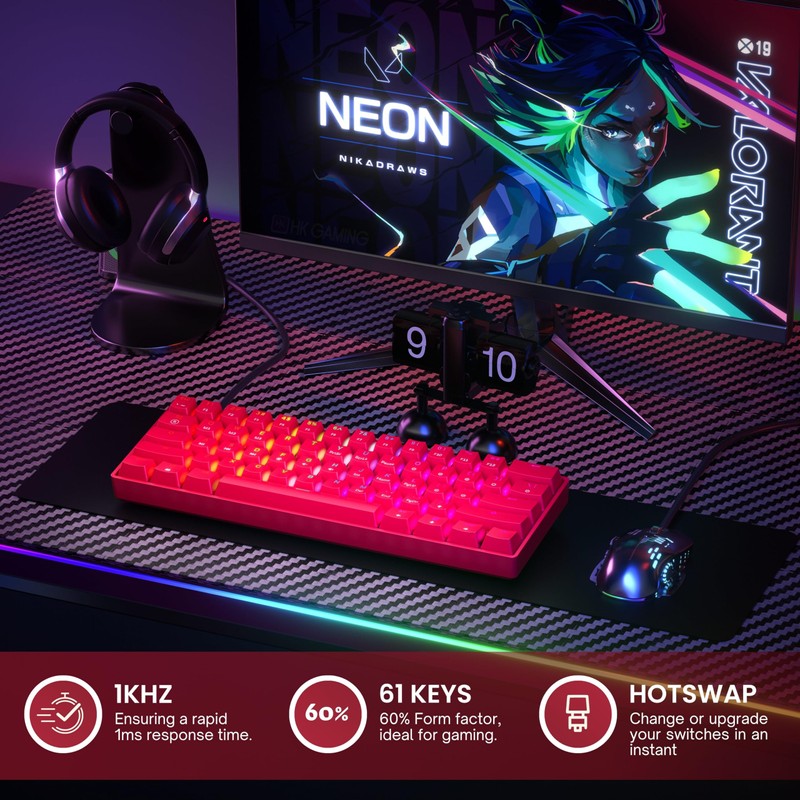GK61 Teclado mecánico para juegos – 61 teclas multicolor RGB