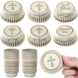Vesici 300 Counts First Holy Communion Cupcake Liners Religious Cross Baptism Cupcake Liners God Bless Baking Cases for Easter Christian Party Baby Shower Decoration, 6 Styles