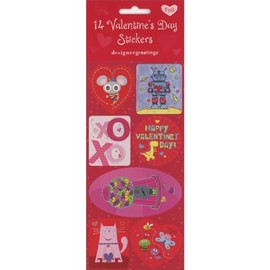 Designer Greetings Mouse, Spaceman, Dinosaur, Gumball Machine, Cat and Cute Insects Package of 14 Valentine's Day Stickers