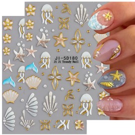 Summer Beach Nail Art Stickers 5D Embossed Starfish Shells Design Gold Edge Flower Nail Stickers Acrylic Nail Decals Accessories Nail Art Supplies for Women DIY Decorations 2 Sheets