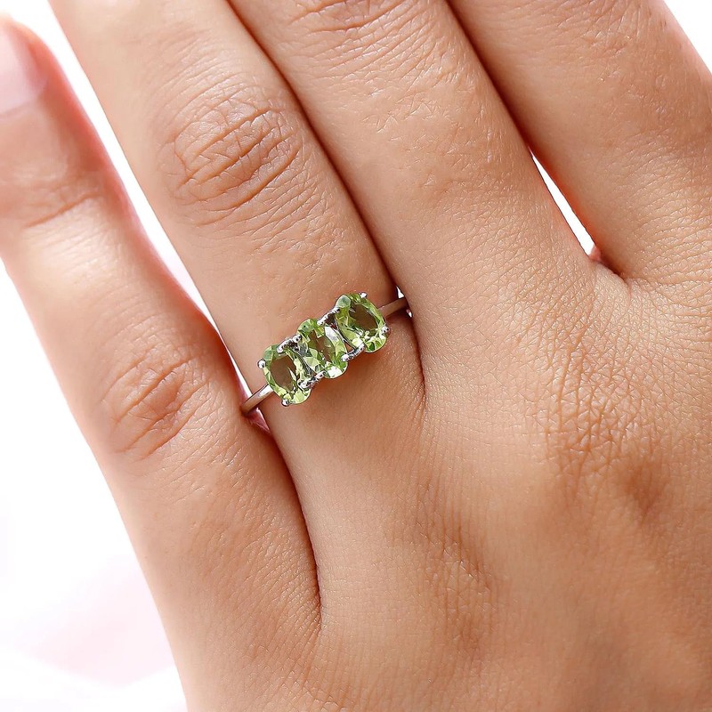 TJC Peridot Three Stone Ring for Women in Platinum Plated