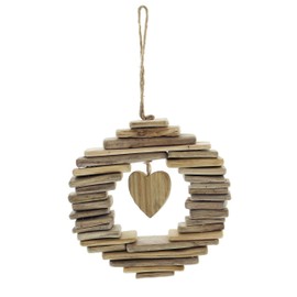 Rustic Wreath “Wooden Heart” with Cottage Charm, Natural Wood and Driftwood Decoratively Assembled, Robust Sisal String Diameter Approx. 21 cm
