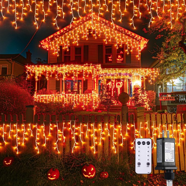 JMEXSUSS 800 LED Orange Icicle Lights for Outside, Orange Halloween
