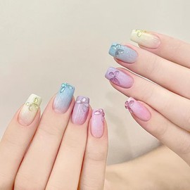 Square Press on Nails Medium Fake Nails Butterfly Flash Designs Nails Cute False Nails Stick on Nails for Women Girls Manicure Decorations (Style-31, 24 Pcs)