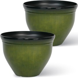 Worth Garden 16-Inch Dia. Round Green Plastic Planters with Drain Holes, 13.5-Inch Height - 2-Pack Glossy Finish Bell-Shaped Plant Pot – Lightweight Indoor/Outdoor Flower Pots