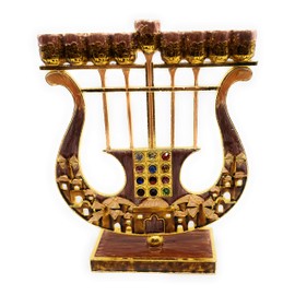 Harp Shaped Chanukah Menorah Enamel Hand Painted Enamel on Pewter with Genuine Austrian Crystals (Rose)