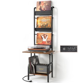 Record Player Stand with Power Outlet, Record Player Table with Vinyl Record Storage up to 200 Albums, Turntable Stand with Record Holder Vinyl Display Shelf, Record Player Cabinet Organizer Rack