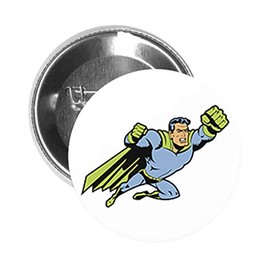 Round Pinback Button Pin Brooch Super Hero Blue and Green Strong Man Punching Fist Flying Cape (2.25" Inch)