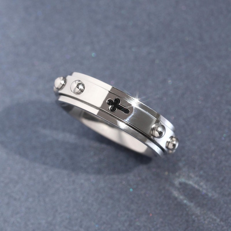 DoubleAccent 6MM Stainless Steel Cross Rosary Spinner Praying Ring, 6