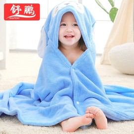 Newborn & Kids Hooded Quick-Dry Coral Fleece Bathrobe Cartoon Blue+70*140Cm Thick 4ea