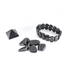 KASHU Shungite Gemstone Set 3 cm Polished Pyramid 5 x Tumbled Stones 2-4 cm Dark Moon Bracelet, Shungite