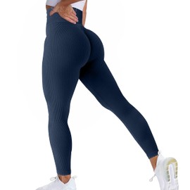 SZKANI Women Ribbed Seamless Leggings High Waisted Workout Gym Yoga Pants Butt Lifting Tummy Control Tights ((A)-Navy, Large)