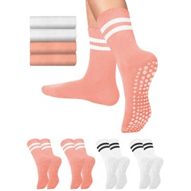 Pilates Grippy Socks with Grips for Women Men Non Slip Anti Skid Sticky Pure Barre Yoga Socks White Cute Crew Length for Ballet Dance Home Barefoot Workout Hospital Athletic Gripper Womens Socks