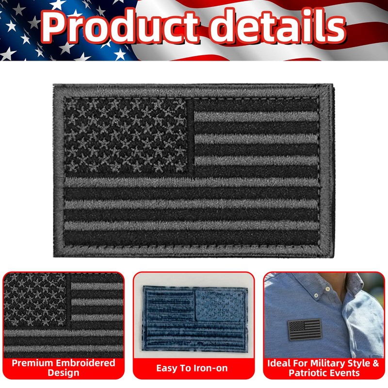 6 Pack Black American Flag Embroidered Patches, 3.1 x 1.9