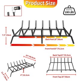 taiheis 30’’ Fireplace Grate，1Pack Fireplace Log Grate with 6 Support Legs，Black Heavy Duty Solid Steel Fireplace Log Holder for Backyards Courtyards Terraces Fireplaces