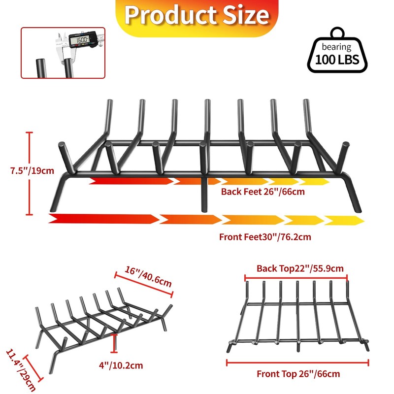 taiheis 30’’ Fireplace Grate，1Pack Fireplace Log Grate with 6 Support