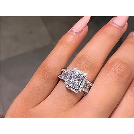 925 Sterling Silver Shiny Full Diamond Ring Square Cut 3Ct Cubic Zirconia Cocktail Rings CZ Multi Row Diamond Ring Eternity Engagement Wedding Band Ring for Women Z.47 (US Code 9)