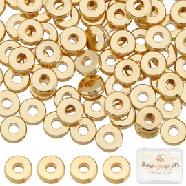 Beebeecraft 100Pcs 6mm Flat Round Spacer Beads 24K Gold Plated Disc Loose Jewelry Making Beads for Bracelet Necklace Crafts