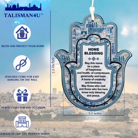 TALISMAN4U Hamsa Wall Decor Home Blessing Jerusalem Blue Oriental Design Evil Eye Protection Hamsa Hand Amulet Wall Art Hanging Ornament (Hebrew Blessing), 49306