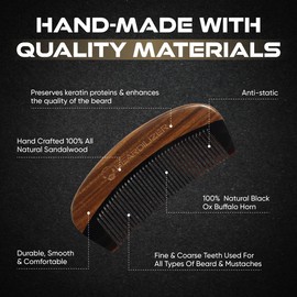 Beardilizer Premium Beard Comb for Men - 100% Natural Black Ox Buffalo Horn & Sandalwood Handle with Carrying Pouch, Professional Anti-Static Fine and Coarse Teeth