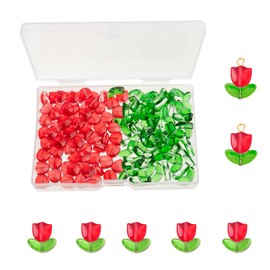 100 Sets (200pcs) Red Tulip Flower Beads Crystal Glass Beads Loose Bead for Women Jewelry Making DIY Bracelet Necklace Earrings Craft (Red)