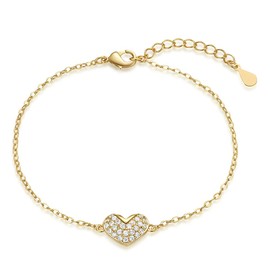 FRUMOS 14K Gold Plated Cubic Zirconia Bracelet Gold Heart Bracelets for Women Fashion Adjustable Link Chain Bracelets for Girls Gift (Heart Bracelets Gold)