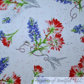 Belle BonEful Fabric FQ Cotton Quilt White Red Blue Spring Flower Bird Feather Wedding