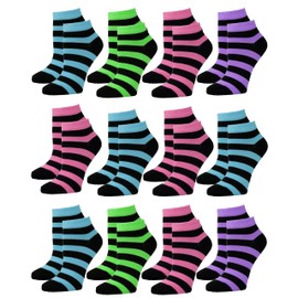 Gelante 12-Pair Women's Ankle Socks, Colorful Comfortable Lightweight Breathable Athletic 6008 Black & Striped